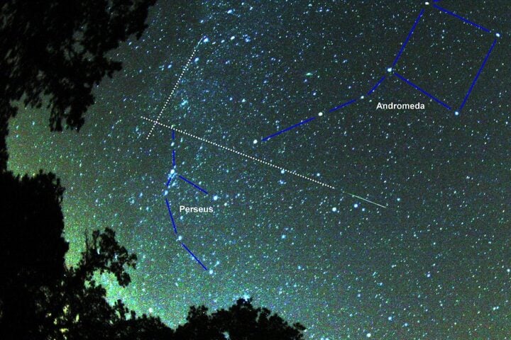 Two perseids meteors and their radiant (crossing of dotted line). Two star constellations are indicated. Photo Source: Brocken Inaglory.