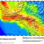 Color-coded hazard map of Southern California showing higher shaking rates (reds and oranges) along the San Andreas and San Jacinto fault zones and lower rates (greens to blues) offshore and in basins.