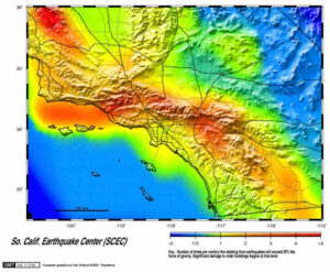 Color-coded hazard map of Southern California showing higher shaking rates (reds and oranges) along the San Andreas and San Jacinto fault zones and lower rates (greens to blues) offshore and in basins.