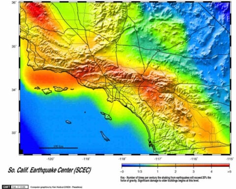 Color-coded hazard map of Southern California showing higher shaking rates (reds and oranges) along the San Andreas and San Jacinto fault zones and lower rates (greens to blues) offshore and in basins.