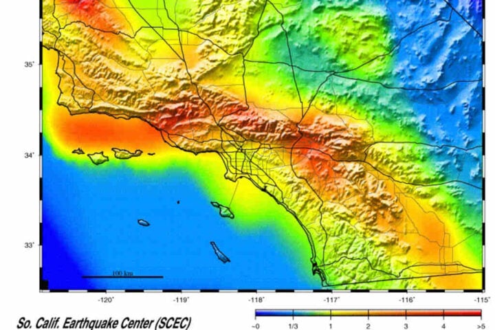 Color-coded hazard map of Southern California showing higher shaking rates (reds and oranges) along the San Andreas and San Jacinto fault zones and lower rates (greens to blues) offshore and in basins.