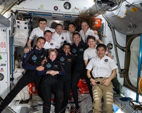 The Axiom Mission 4 and Expedition 73 crews join together for a group portrait inside the International Space Station’s Harmony module.
