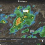 Flightradar24 map view at 23:23 UTC on July 30, 2025, showing Delta DL56’s flight path cutting through scattered green and yellow storm echoes over Wyoming and Minnesota.