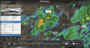 Flightradar24 map view at 23:23 UTC on July 30, 2025, showing Delta DL56’s flight path cutting through scattered green and yellow storm echoes over Wyoming and Minnesota.