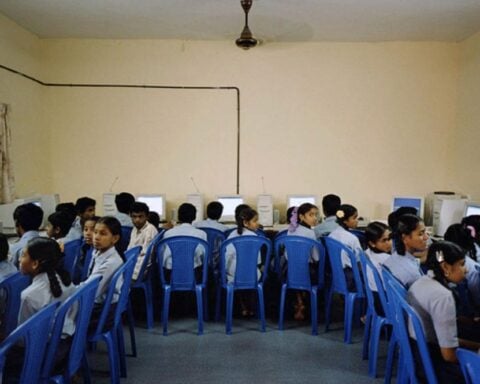Students of group 11 and 12 get computer education in the computer classroom of secondary government school ‘Anjoor’ in the village Ramanagaram, 60km from Bangalore.