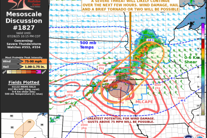 Storm Prediction Center Mesoscale Discussion map showing a line of thunderstorms with plotted ML CAPE contours, 0–6 km shear vectors, and shaded areas indicating 75–90 mph wind threat over northwest Iowa and adjacent states as of 10:15 p.m. CDT on July 28, 2025.