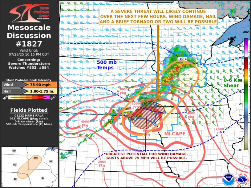 Storm Prediction Center Mesoscale Discussion map showing a line of thunderstorms with plotted ML CAPE contours, 0–6 km shear vectors, and shaded areas indicating 75–90 mph wind threat over northwest Iowa and adjacent states as of 10:15 p.m. CDT on July 28, 2025.