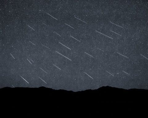 Silhouette of distant hills beneath a dark sky studded with dozens of faint, parallel meteor streaks captured in a single composite exposure.