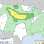 Map of the SPC Day 1 Categorical Outlook for July 29 2025 showing yellow (SLGT) and dark green (MRGL) risk areas stretching from southern Montana through Nebraska into Minnesota and Wisconsin, with the issuance time, valid period, and forecaster credit noted in the lower panel.