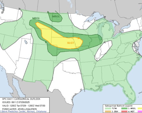 Map of the SPC Day 1 Categorical Outlook for July 29 2025 showing yellow (SLGT) and dark green (MRGL) risk areas stretching from southern Montana through Nebraska into Minnesota and Wisconsin, with the issuance time, valid period, and forecaster credit noted in the lower panel.