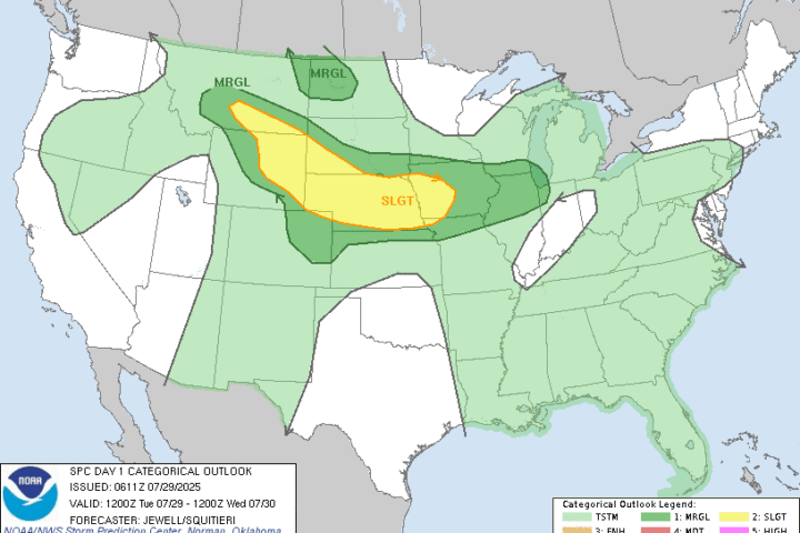 Map of the SPC Day 1 Categorical Outlook for July 29 2025 showing yellow (SLGT) and dark green (MRGL) risk areas stretching from southern Montana through Nebraska into Minnesota and Wisconsin, with the issuance time, valid period, and forecaster credit noted in the lower panel.