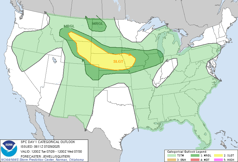 Map of the SPC Day 1 Categorical Outlook for July 29 2025 showing yellow (SLGT) and dark green (MRGL) risk areas stretching from southern Montana through Nebraska into Minnesota and Wisconsin, with the issuance time, valid period, and forecaster credit noted in the lower panel.