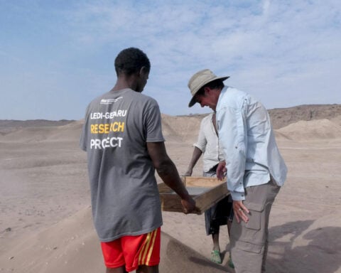 Two researchers from the Ledi-Geraru Research Project carrying a wooden box across an arid landscape in Ethiopia's Afar Region, with one wearing a gray t-shirt displaying "LEDI-GERARU RESEARCH PROJECT" on the back.
