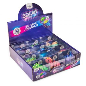 Display box of recalled 3DLAB 3D Mini Animals toys showing colorful 3D printed animal figurines in individual clear plastic compartments arranged in a retail display case with purple packaging.