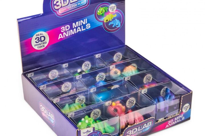 Display box of recalled 3DLAB 3D Mini Animals toys showing colorful 3D printed animal figurines in individual clear plastic compartments arranged in a retail display case with purple packaging.