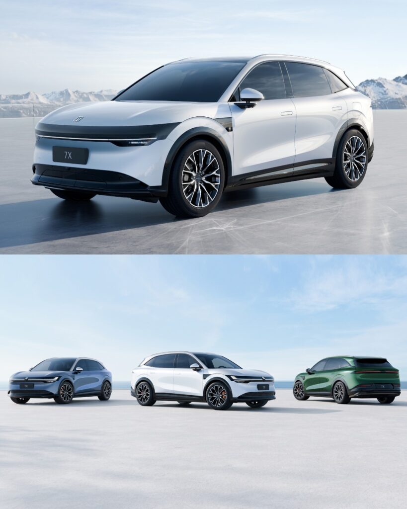 
 Zeekr 7X three cars in a row showing exterior color options and side profile.

