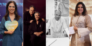 Collage of Indian fashion designers associated with PETA India’s Feather-Free Pledge announcement (9 July 2025).