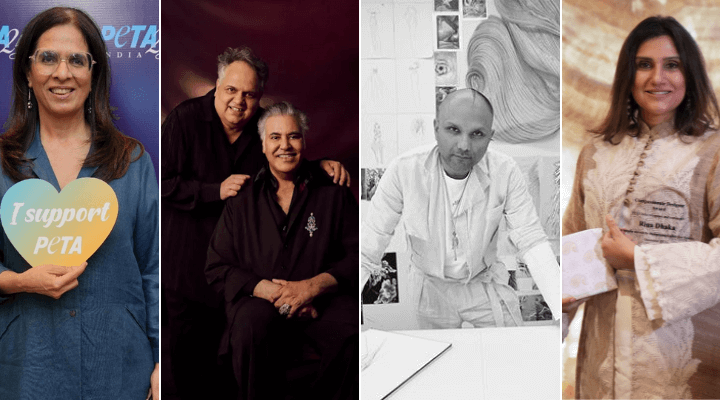 Collage of Indian fashion designers associated with PETA India’s Feather-Free Pledge announcement (9 July 2025).