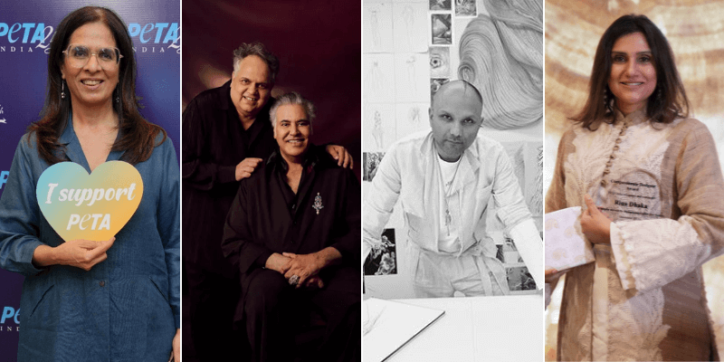Collage of Indian fashion designers associated with PETA India’s Feather-Free Pledge announcement (9 July 2025).