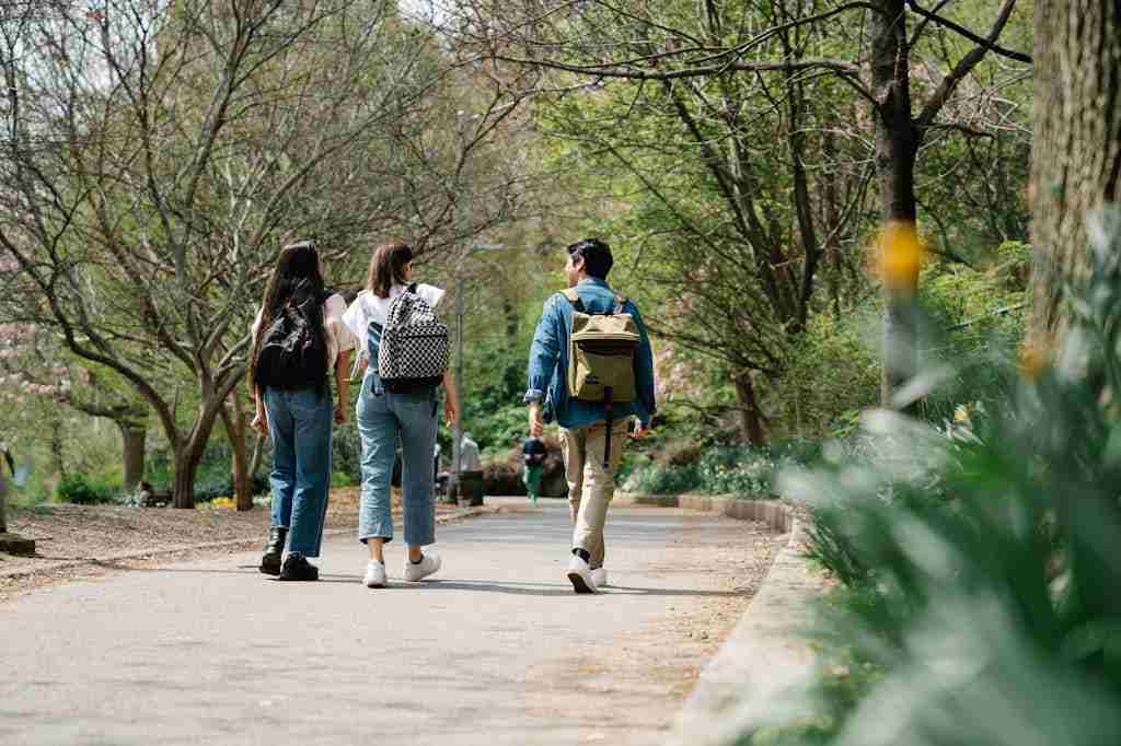 Three friends walking along a tree-lined park pathway, each carrying a backpack.