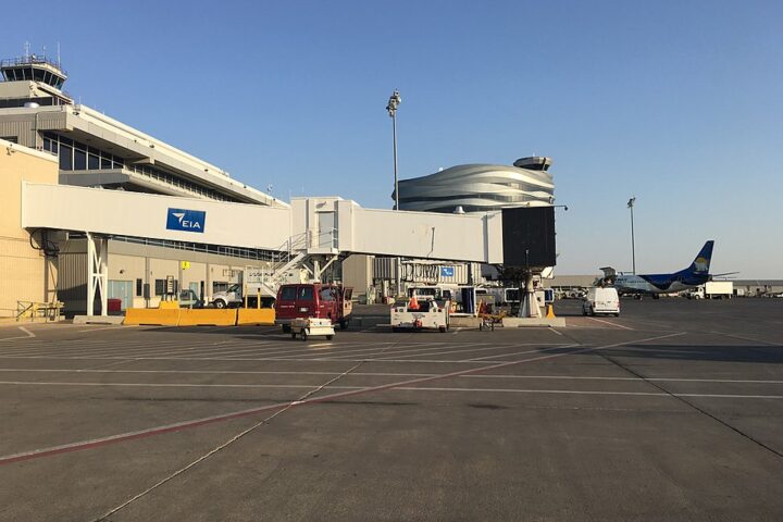 Modern exterior view of Edmonton International Airport terminal with jet bridges, parked aircraft including WestJet, and ground service vehicles.