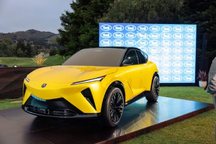 Acura RSX Prototype displayed at Monterey Car Week in Propulsion Yellow Pearl, marking the debut of ASIMO OS and Acura’s first in‑house EV platform