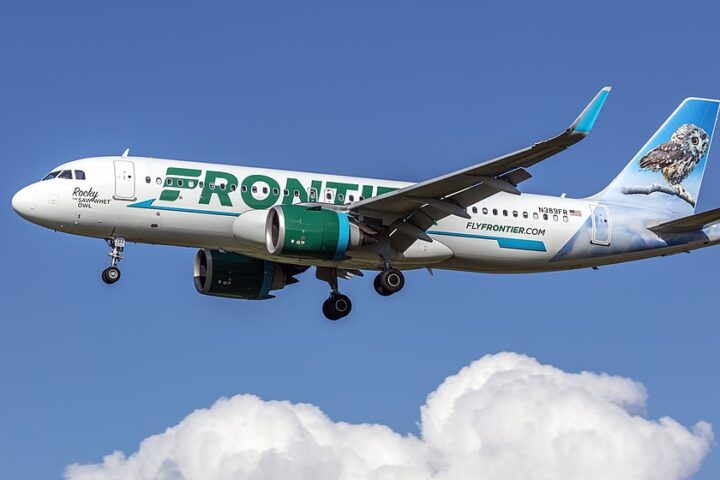 Frontier Airlines Airbus A320neo (N389FR) on final approach at Baltimore–Washington International, side view with animal-tail livery against a clear blue sky.