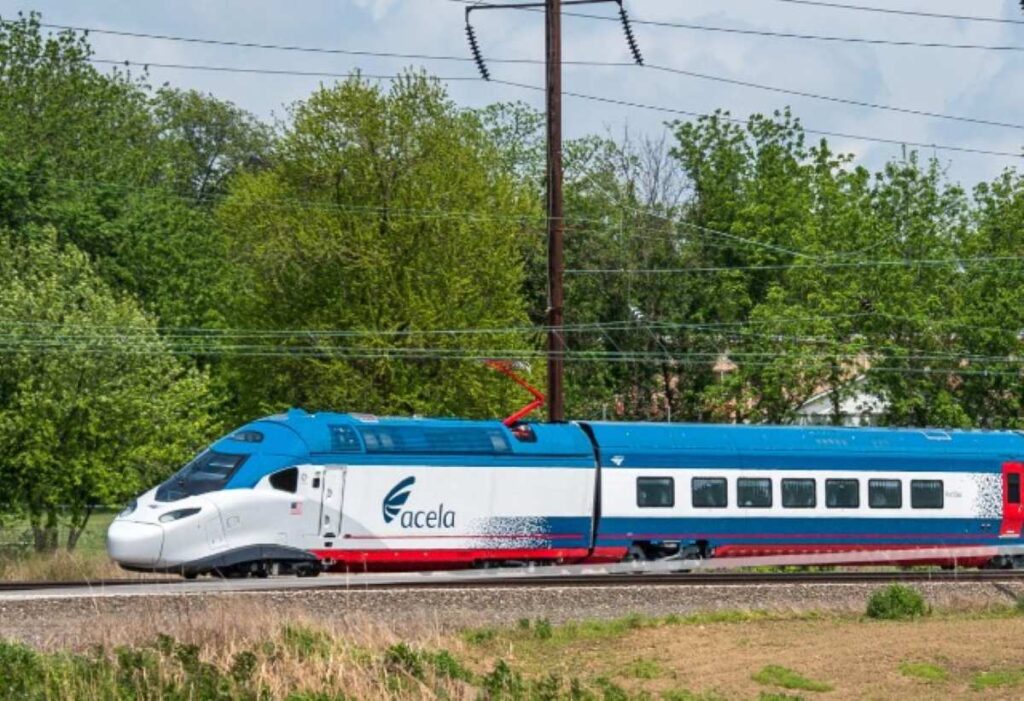 Amtrak NextGen Acela high-speed train traveling on test tracks ahead of its official debut in August 2025.