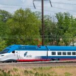 Amtrak NextGen Acela high-speed train traveling on test tracks ahead of its official debut in August 2025.