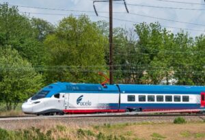 Amtrak NextGen Acela high-speed train traveling on test tracks ahead of its official debut in August 2025.