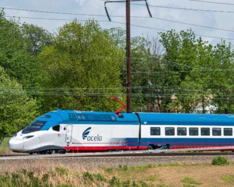 Amtrak NextGen Acela high-speed train traveling on test tracks ahead of its official debut in August 2025.