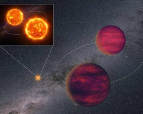 Artist's illustration of the UPM J1040−3551 quadruple star system showing two red dwarf stars in a binary pair (small inset) orbiting with two larger reddish-purple brown dwarfs against the backdrop of the Milky Way galaxy.