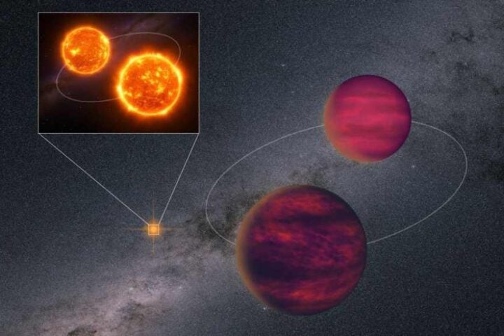 Artist's illustration of the UPM J1040−3551 quadruple star system showing two red dwarf stars in a binary pair (small inset) orbiting with two larger reddish-purple brown dwarfs against the backdrop of the Milky Way galaxy.