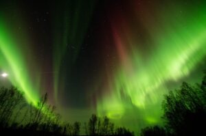 Illustrative aurora borealis (northern lights) glowing over a dark northern horizon under clear skies.