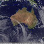 Weather map of Australia showing a cold front impacting south‑west WA and moving toward South Australia, Victoria, and Tasmania with cloud bands and wind icons (August 2025).