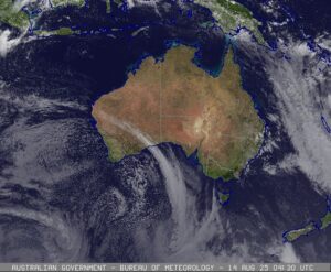 Weather map of Australia showing a cold front impacting south‑west WA and moving toward South Australia, Victoria, and Tasmania with cloud bands and wind icons (August 2025).