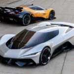 Chevrolet Corvette CX concept in white and CX.R Vision Gran Turismo concept in yellow with black racing livery, featuring aerodynamic designs with fighter jet-inspired canopies and aggressive styling