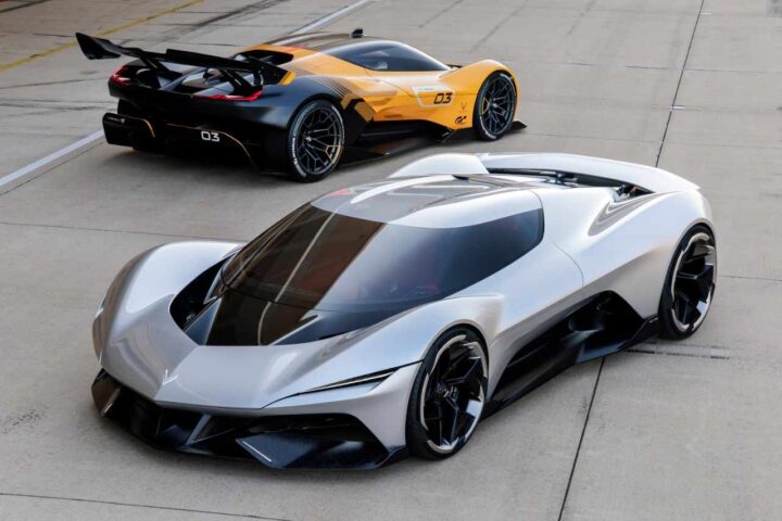 Chevrolet Corvette CX concept in white and CX.R Vision Gran Turismo concept in yellow with black racing livery, featuring aerodynamic designs with fighter jet-inspired canopies and aggressive styling