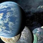 Artist’s concept illustration showing a lineup of hypothetical Earth-like exoplanets orbiting a Sun-like star, placed closely together in space.