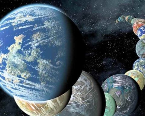 Artist’s concept illustration showing a lineup of hypothetical Earth-like exoplanets orbiting a Sun-like star, placed closely together in space.