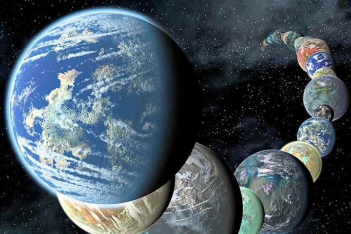 Artist’s concept illustration showing a lineup of hypothetical Earth-like exoplanets orbiting a Sun-like star, placed closely together in space.