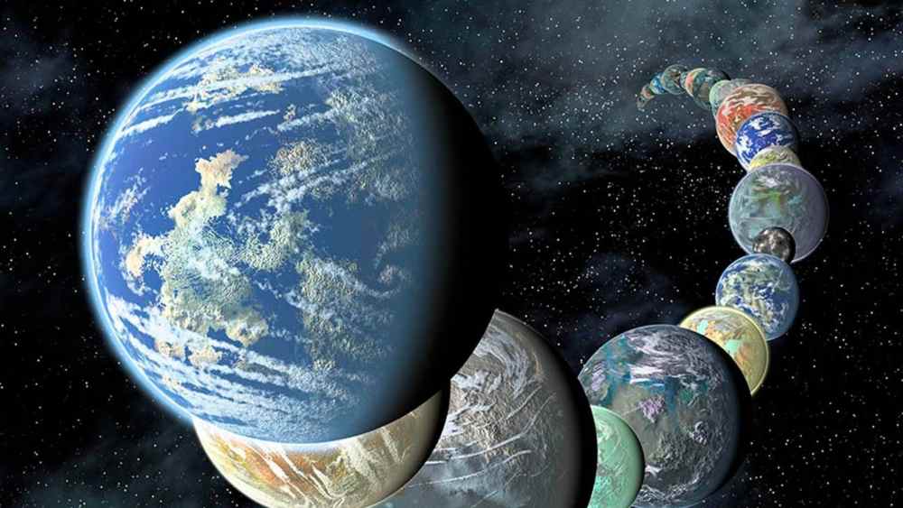 Artist’s concept illustration showing a lineup of hypothetical Earth-like exoplanets orbiting a Sun-like star, placed closely together in space.