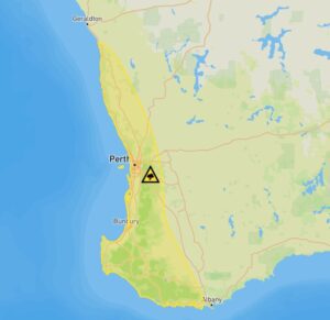 A warning map near Perth and safety guidance, noting damaging winds around 100 km/h, heavy rainfall and road cautions; dated 10:38 PM, 18 Aug 2023.