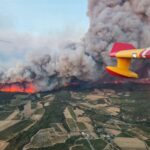 Canadair water bomber releasing a stream of retardant over rolling vineyards and scrubland as thick smoke plumes rise into a clear sky.