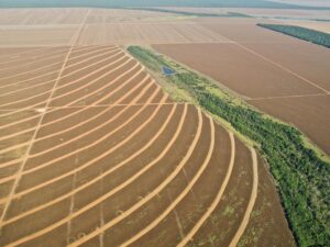 Aerial view of deforestation and agricultural expansion in Mato Grosso, Brazil, showing soybean and sugarcane plantations replacing Amazon rainforest.