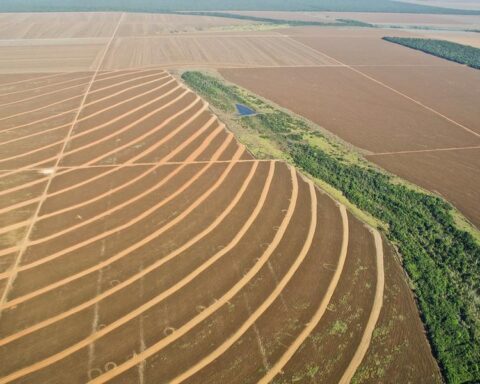 Aerial view of deforestation and agricultural expansion in Mato Grosso, Brazil, showing soybean and sugarcane plantations replacing Amazon rainforest.