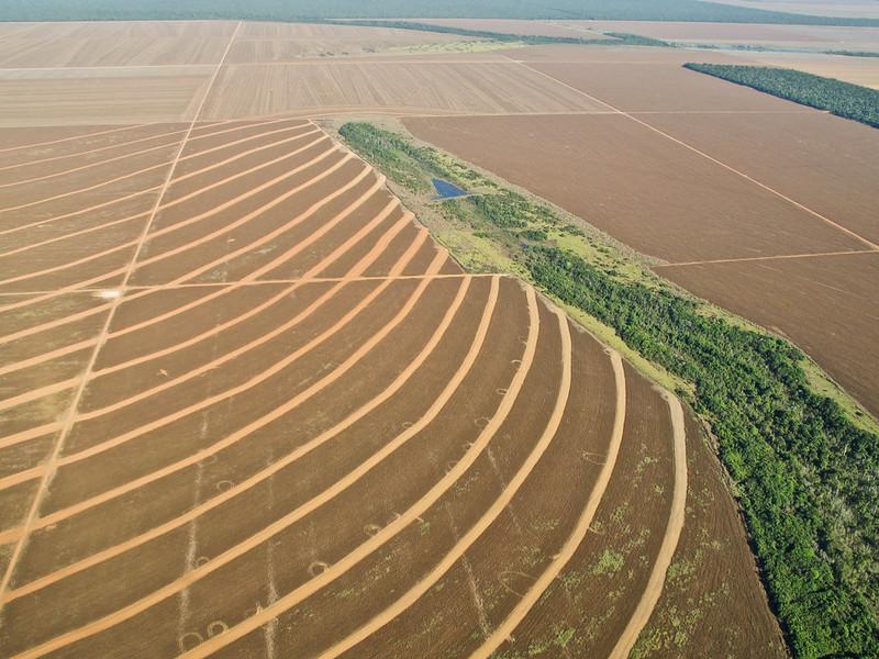 Aerial view of deforestation and agricultural expansion in Mato Grosso, Brazil, showing soybean and sugarcane plantations replacing Amazon rainforest.