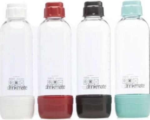 CPSC recall notice for Drinkmate 1L Carbonation Bottles, warning of explosion, laceration, and hearing hazards, with four bottles shown and recall details displayed.