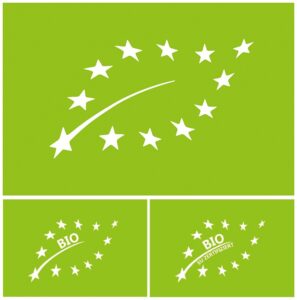 Three versions of the EU Green Leaf organic label, including original and modified designs with added BIO or BIO EU ZERTIFIZIERT text, used in a University of Bonn study on label clarity and trust