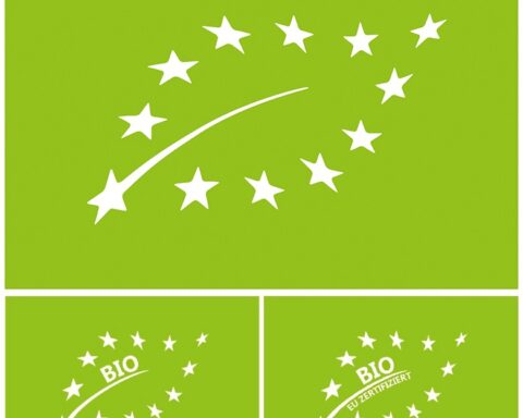 Three versions of the EU Green Leaf organic label, including original and modified designs with added BIO or BIO EU ZERTIFIZIERT text, used in a University of Bonn study on label clarity and trust
